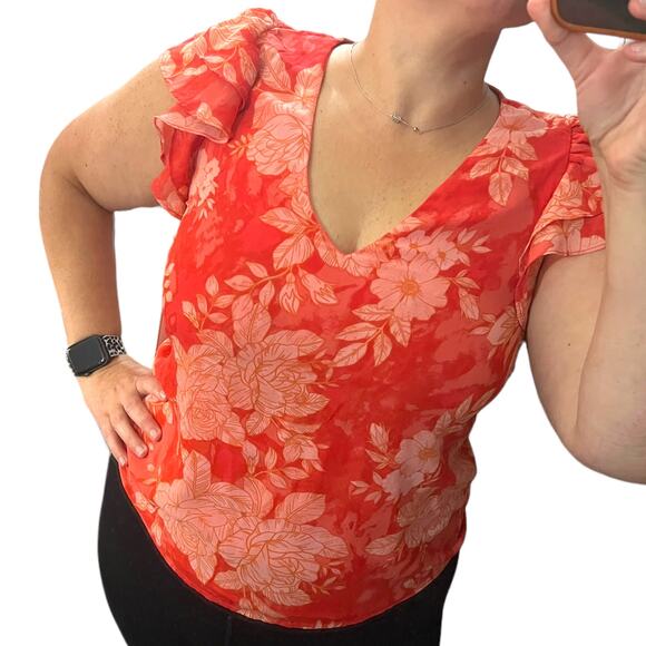 1.State (S) Floral Ruffle Short Sleeve V-Neck Chiffon Blouse Top Fully Lined - Picture 2 of 14